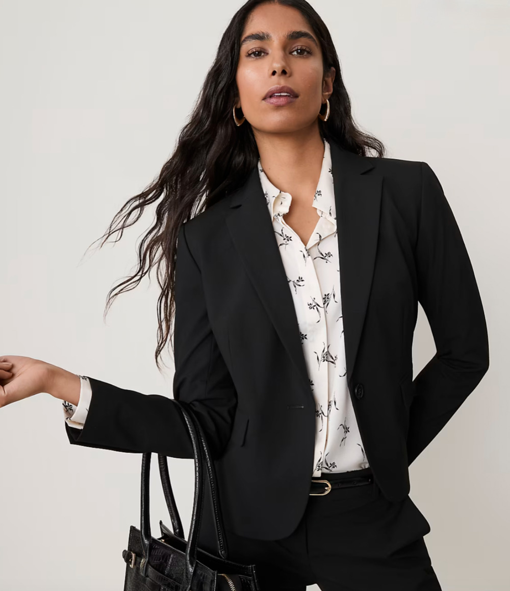 ANN TAYLOR BLACK NOTCHED ONE SINGLE BUTTON SEASONLESS STRETCH BLAZER JACKET 16P